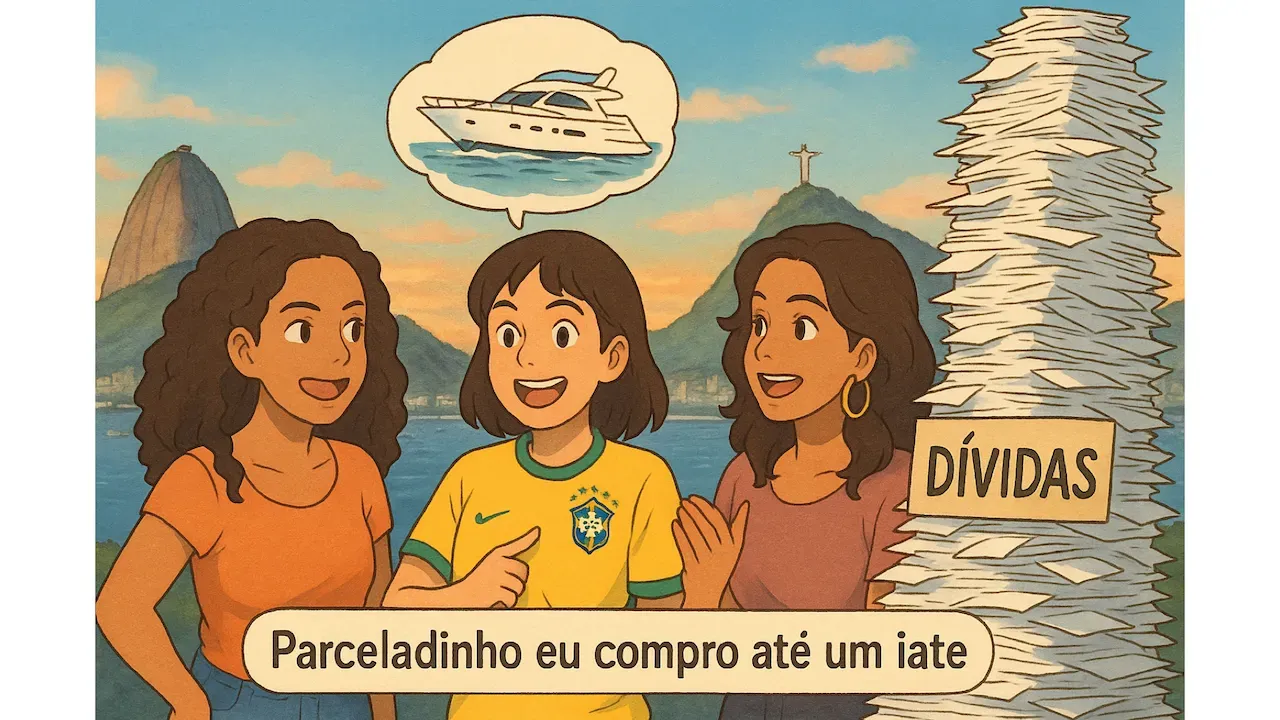 Ratenkauf und BNPL: Bequem heute, teuer morgen – Parceladinho eu compro até um iate (AI generated) 3 Brazilians talking about their financial ideas